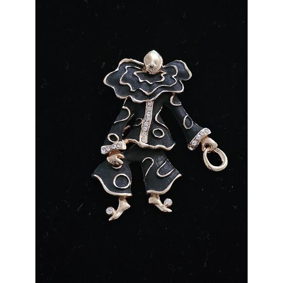 Vintage Estate Articulating Clown Brooch Gold Tone Black Enamel Rhinestone - Picture 1 of 6